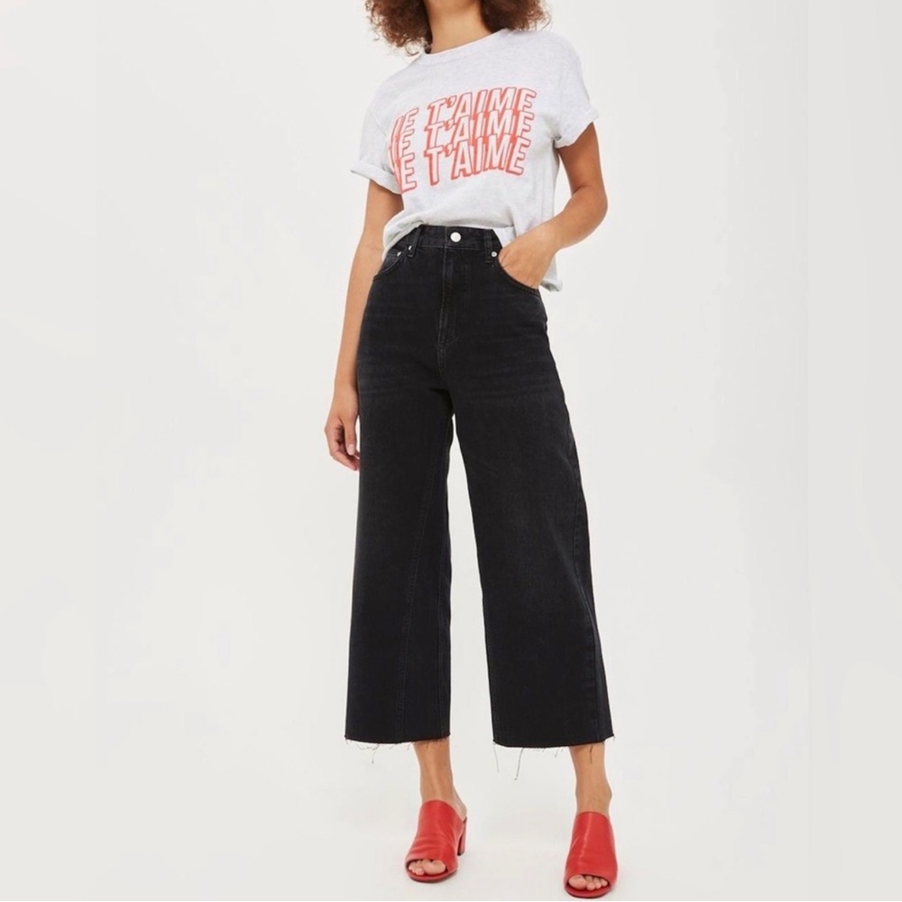Topshop Moto Washed Black Wide Leg High Rise Cropped Jeans Size 28